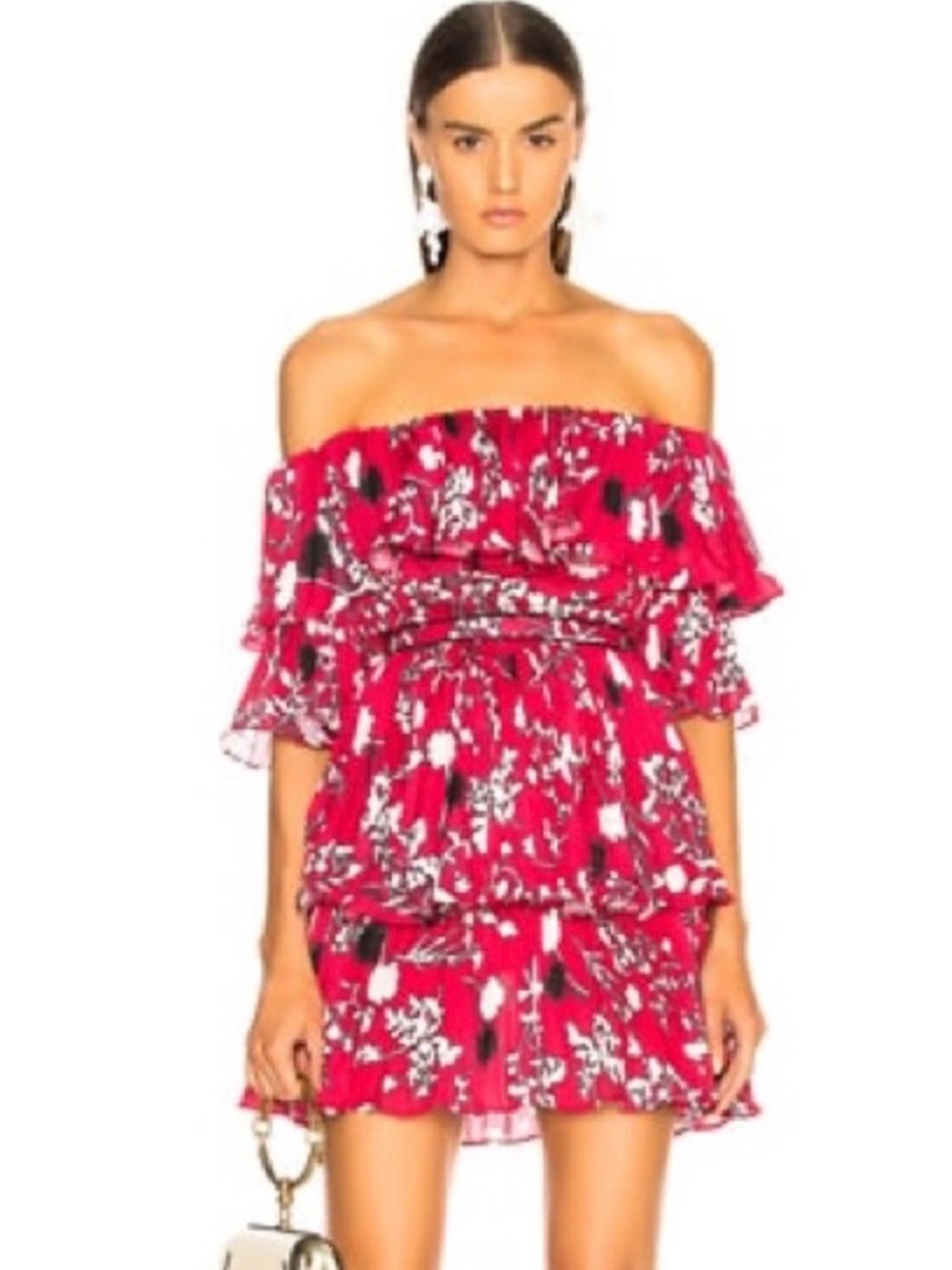 Self-Portrait Red Floral Off-Shoulder Ruffle Mini Dress